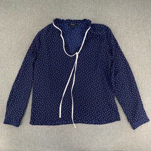 Forever 21 Long Sleeve Pull Over Blouse Navy Blue White Polka Dots Small Ruffled